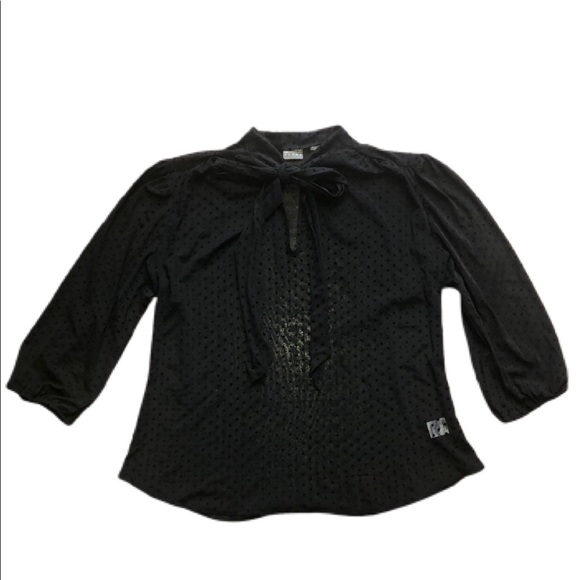 Soho Tops - SOHO Tie Neck Black Clip Dot Blouse